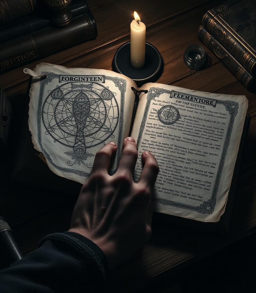 An open grimoire beside a candle. Visual development artwork.
