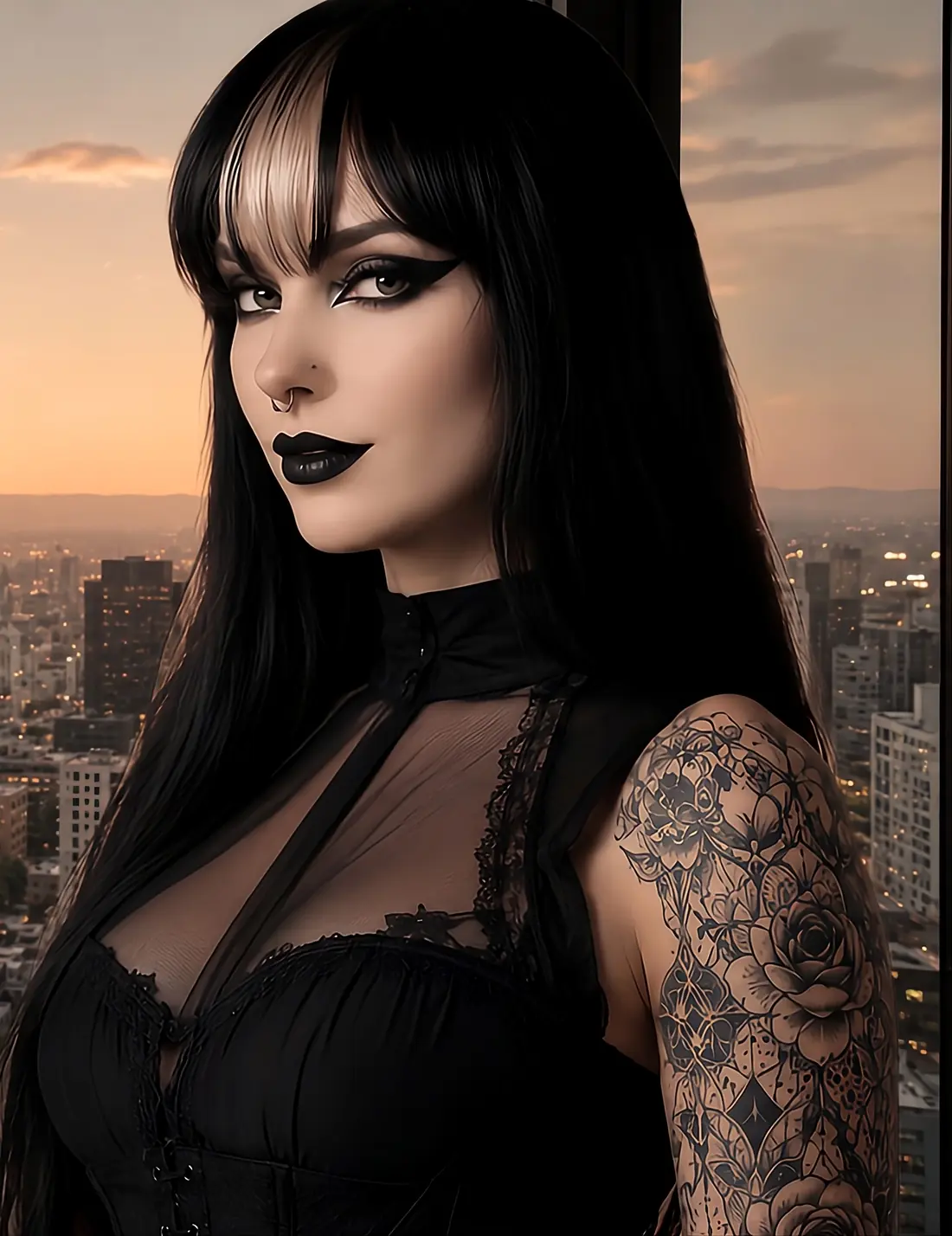 A woman stands before a window overlooking the city at dusk